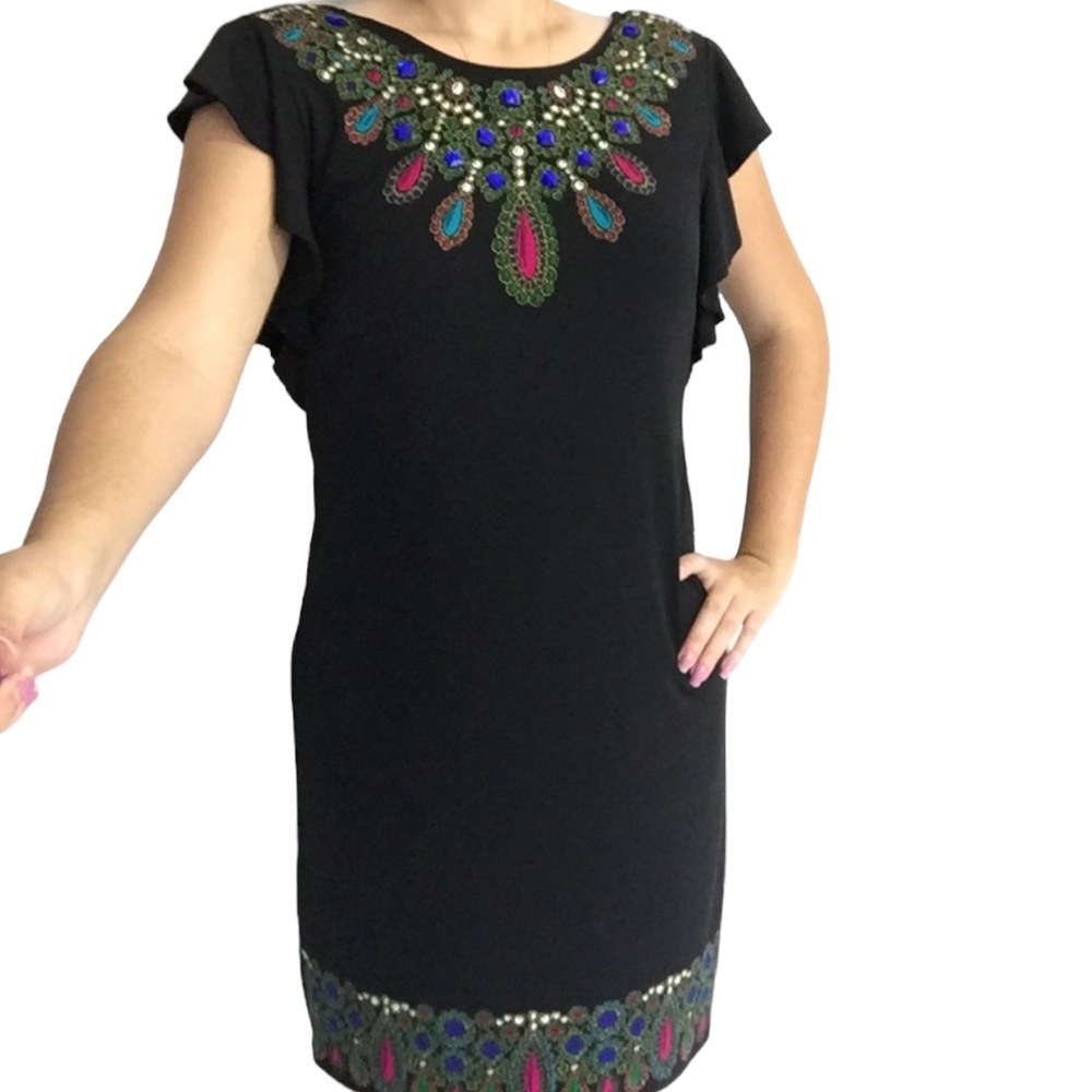 NWT London Times Black Sheath Dress with Blue Jewels (GMH-J)
